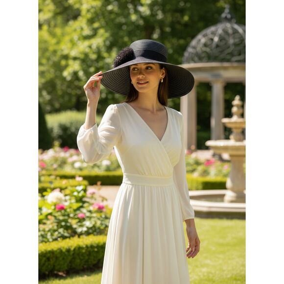 August Hat Company Black Wide Brim Straw Hat - Floral Embellishment - Picture 1 of 7